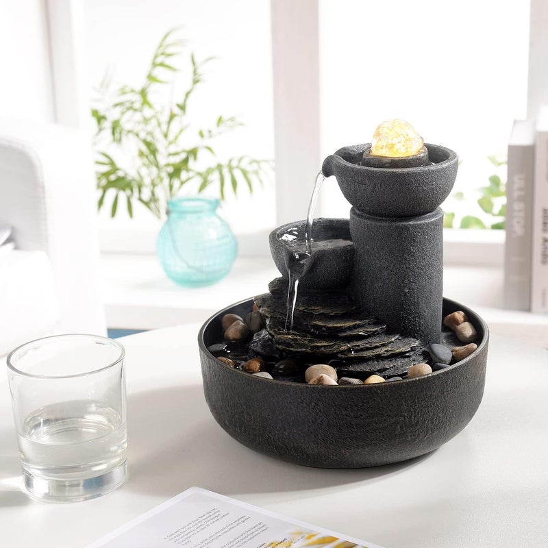 GOSSI Tabletop Fountain Indoor Fountain 2-Tiered Water Meditation Decorative Waterfall w/LED/Cobblestone/Glass Rolling Ball Soothing Sounds for Office and Home - Image 3
